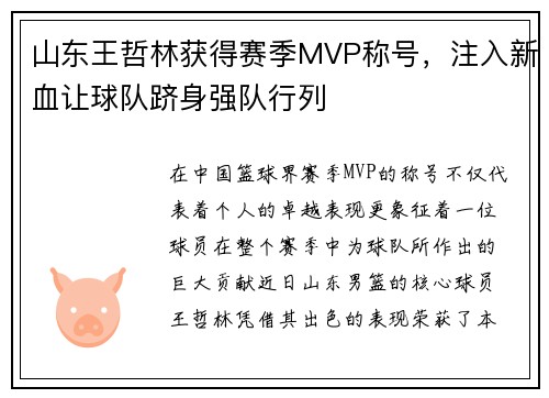 山东王哲林获得赛季MVP称号，注入新血让球队跻身强队行列