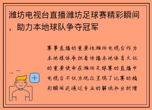 潍坊电视台直播潍坊足球赛精彩瞬间，助力本地球队争夺冠军